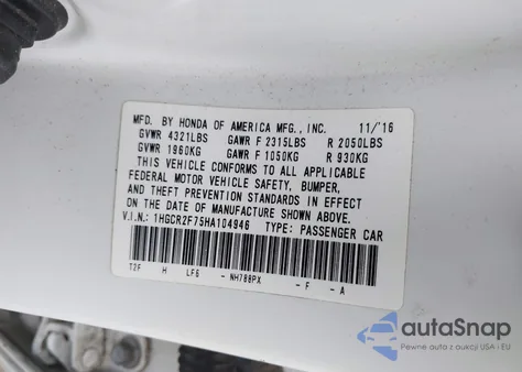 2017 Honda Accord Ex из США, поврежденный, VIN 1HGCR2F75HA104946